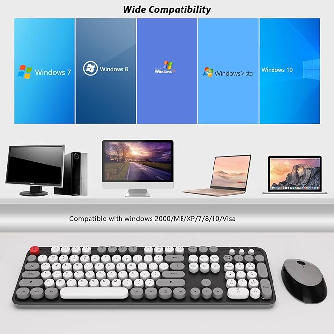 Wireless Keyboard and Mouse KOOTOP Cute Keyboard and Mouse 2.4G Wireless Keyboard with Retro Round Keycap for PC Mac LaptopTabletComputer Windows (Grey)