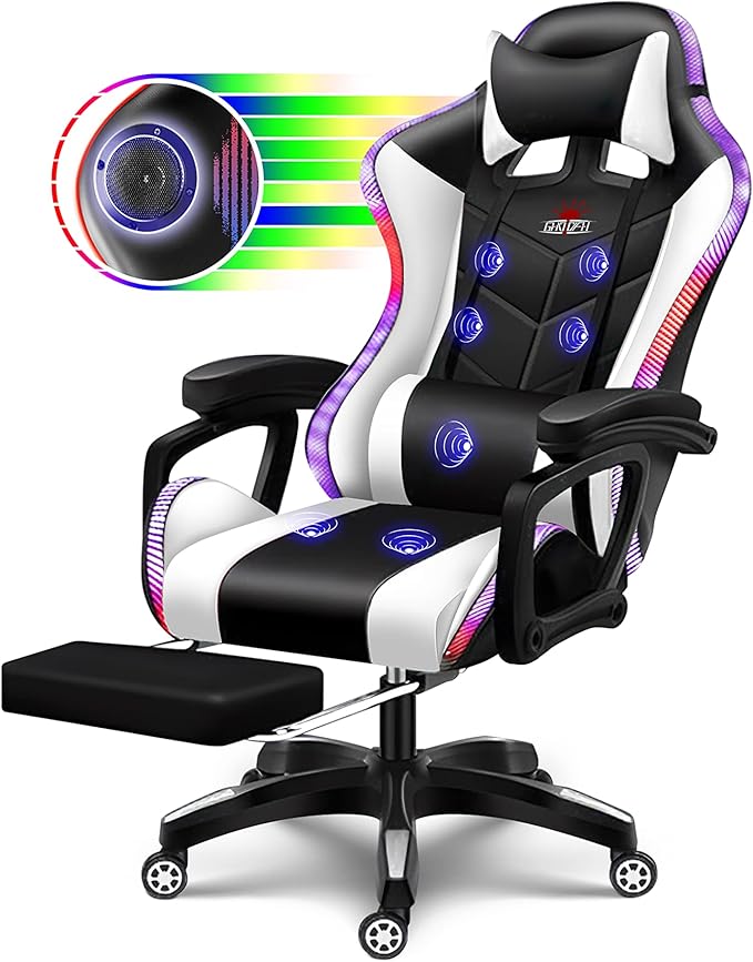 Ergonomic Pro Gaming Chair with LED Lights and Speakers Video Game Chair with Massage and Footrest High Back Computer Chair with Lumbar Support and Headrest Adjustable Height for Adult Teens.WHI