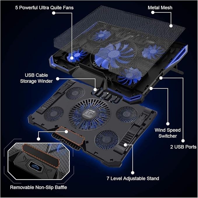 Laptop Cooling Pad LED Screen Gaming Laptop Cooler with 5 High-Speed Adjustable Fans 7 Heights Stand 2 USB Ports Compatible up to 17'' Laptop