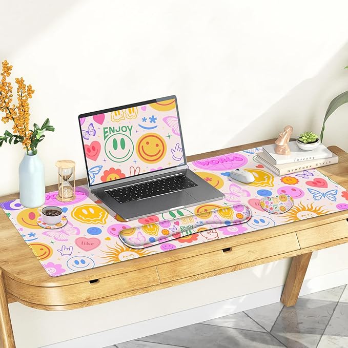 Large Gaming Mouse Pad Set 4 in 1 Extended Keyboard Desk Mat with Wrist Rest PC Computer Game Mousepad Set Non-Slip Desk Pad Protector Easy Typing Pain Relief for Home Office I Hippie Smile