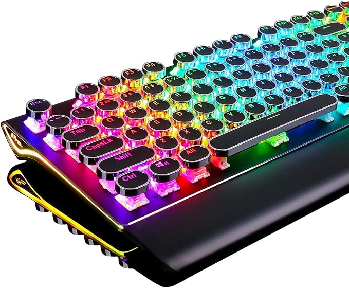 RK ROYAL KLUDGE S108 Typewriter Style Mechanical Gaming Keyboard with RGB Backlit Wired PC Game Keyboard Full Size with Detachable Wrist Rest and Number Pad Retro Round Keycaps Red Switches Black
