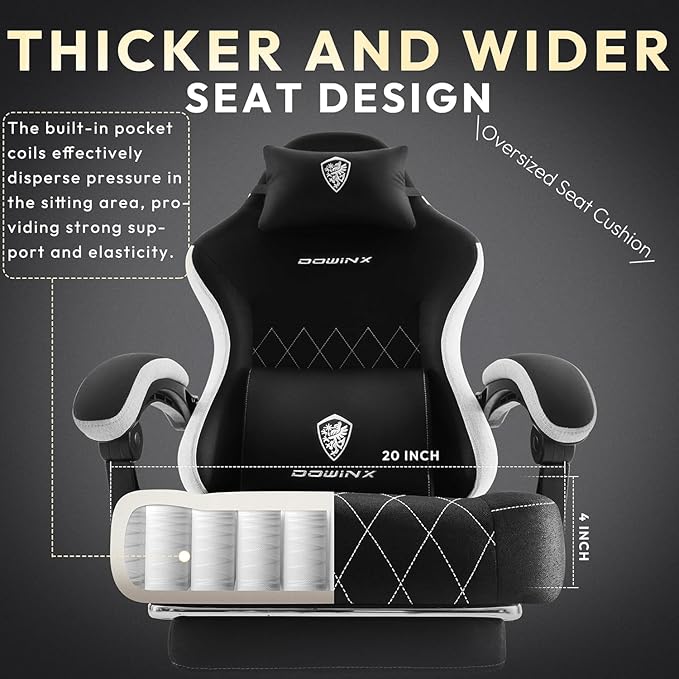 Dowinx Fabric Gaming Chair Computer Office Chair with Pocket Spring Cushions and Lumbar Support Ergonomic Massage Gaming Chairs with Footrest for Big and Tall Black