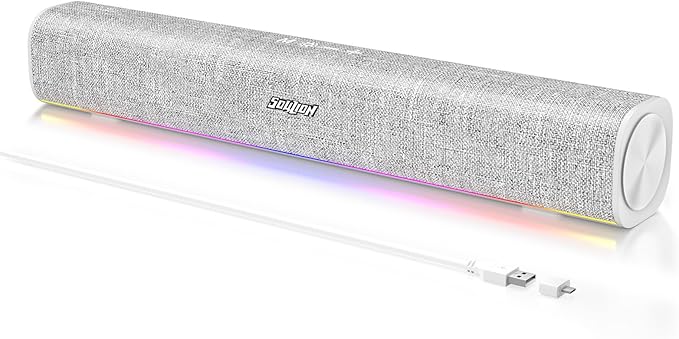 SOULION R100 Bluetooth Computer Speakers with Dynamic LED Light USB Plug &amp Play PC Speakers with Switch Button Clearly Sound Soundbar for Desktop Laptop Monitor White (USB-C to USB Adapter Inclu