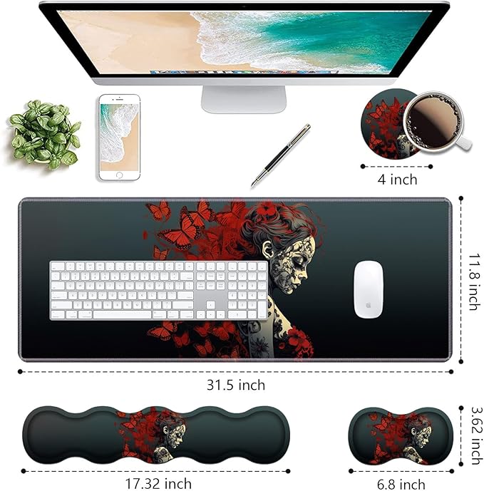 Ergonomic Keyboard Wrist Rest &amp Mouse Pad Wrist Rest Set Large Gaming Desk Mat 31.5x 11.8 with Non-Slip Base Memory Foam Easy Typing Pain Relief for Home &amp Office Tattooed Girl and Red B