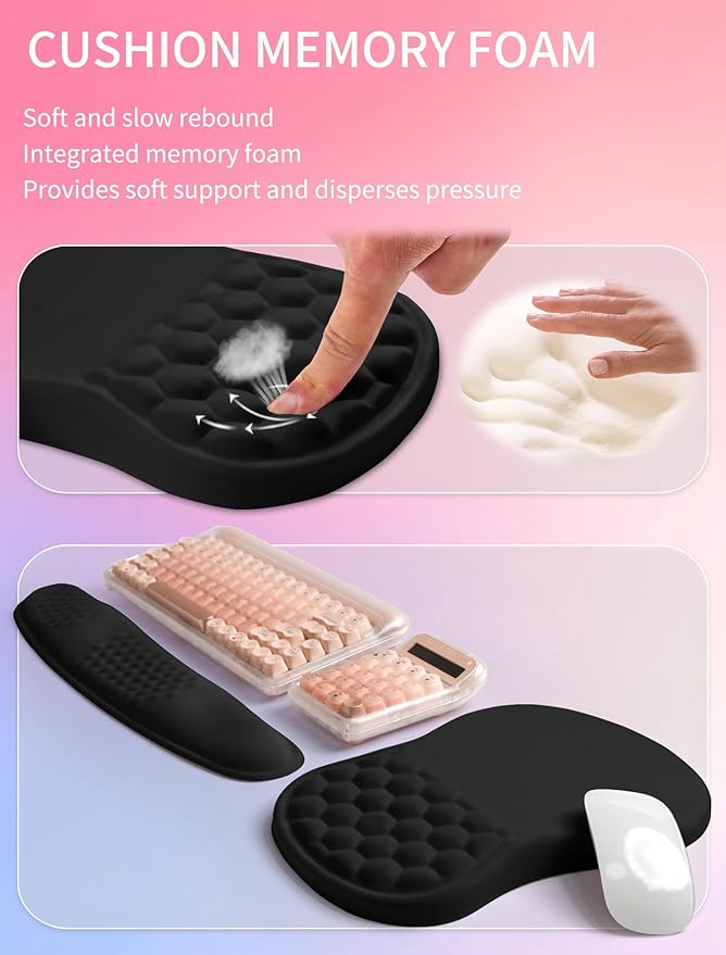 Hokafenle 2in1 Combination Wave Keyboard Wrist Rest and Ergonomic Curvature Mouse Pad Wrist Support for Relieve Wrist Pain Filled with Soft Cushion Memory Foam Black