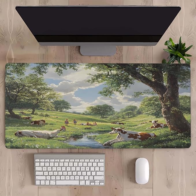 Forest Tree Cow Large Mouse Pad Gaming Mousepad Desk Mat for Desktop Computer Keyboard Waterproof Mouse Mat Desk Pad with Non-Slip Base for Game School Office Home 35.4 x 15.7