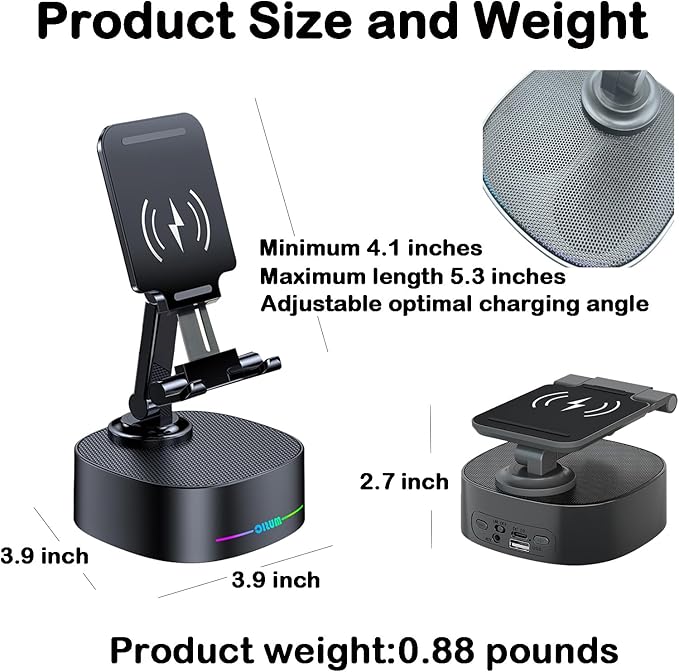 Bluetooth Speaker with Wireless Charging and Cell Phone StandBest Speaker Stand for iPhone/iPad/Samsung GalaxyHD Surround Sound Perfect for Home and OutdoorsCreative Gift (Black)