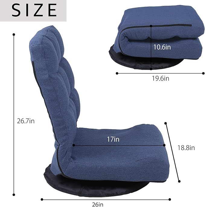 Swivel Floor Chair for Adults with Back Support Adjustable Floor Gaming Chair for TV Reading Playing Video GamesFloor Lounge Chair with Lumbar Support Folding Design 8858Z(Blue)