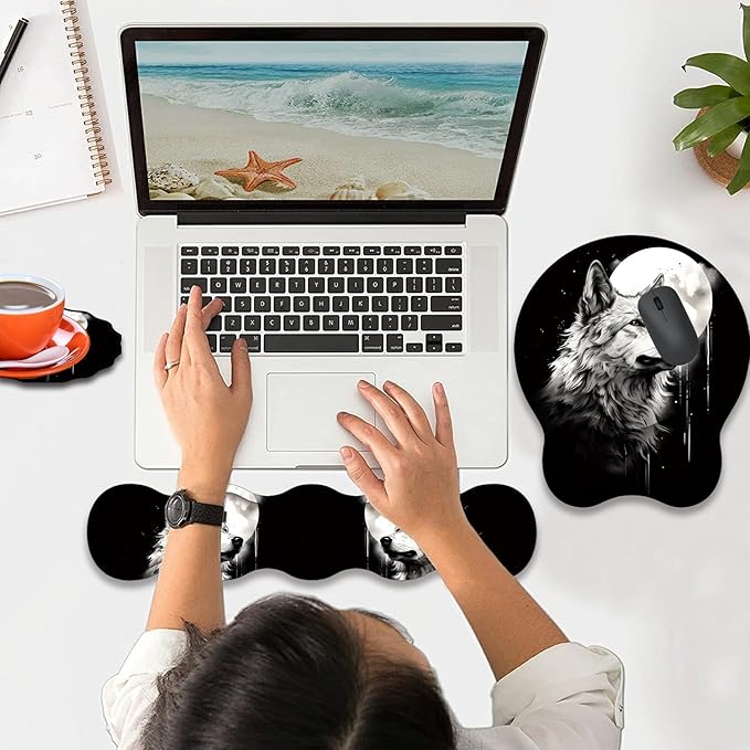 Mouse Wrist Rest and Keyboard Wrist Rest Pad+ Coaster Set Non-Slip Rubber Base Smooth Surface Ergonomic Gaming Mouse Pad for Easy Typing and Pain Relief Wolf Moon