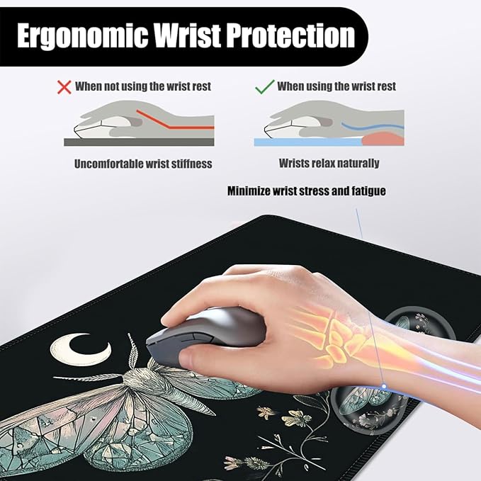Mouse PadLarge Desk Mat Set 4in1 XL Mousepad + Keyboard Wrist Rest+Mouse Wrist Rest+Coaster with Ergonomic Desk Pad for Home Office Table Computer Cover -Moth Floral Moon