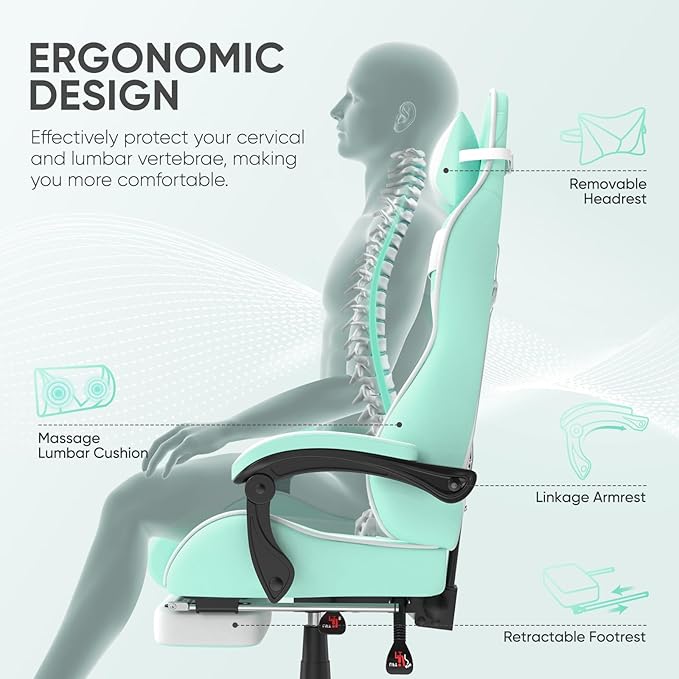 Huracan Gaming Computer Chair with Footrest Adjustable Video Game Chairs for Adults Heavy Duty Office Chair with Headrest and Lumbar Support Light Green