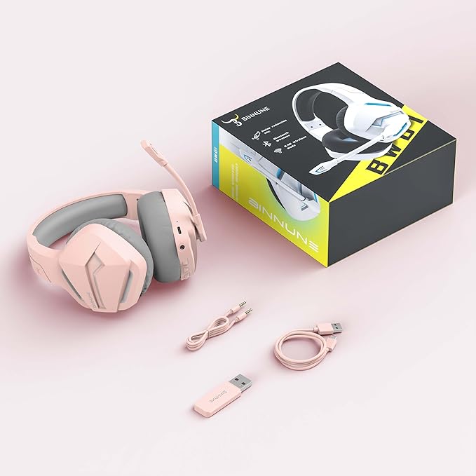 BINNUNE 2.4GHz Wireless Gaming Headset Bluetooth 5.3 Gaming Headphones with Noise Canceling Mic 120H Ultra-Long Battery 50mm Drivers Multi-Platform for PC / PS5 /PS4/ Switch/Mobile Pink