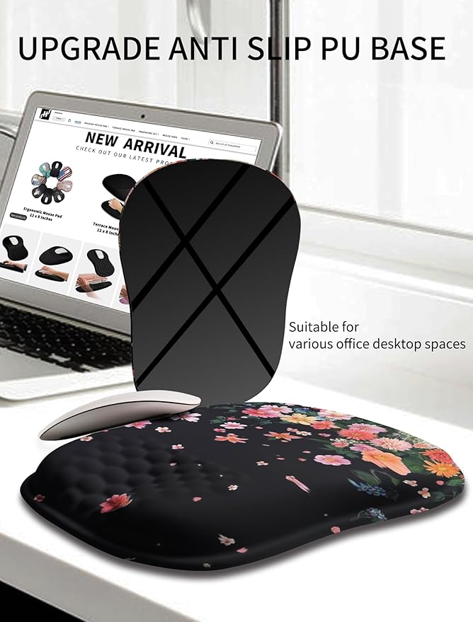 Hokafenle Ergonomic Wrist-Hugging Mouse Pad Wrist Support U-Shaped Holding Wrist Rest Mousepad for Carpal Tunnel Pain Relief with Cushioned Memory Foam Slope Massage Bulge (10.2x8.3 inFall Flower)