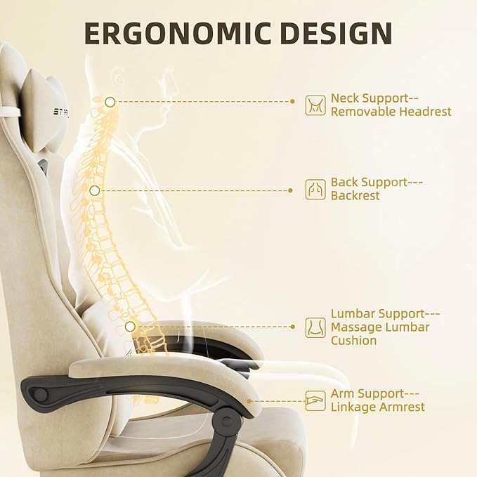 Ferghana Velvet Fabric Ergonomic Gaming Chair with Footrest and Massage High Back Reclining Computer Gamer Chair for Adult Racing Style PC Video Game Chair Suitable for Home Office (Beige)