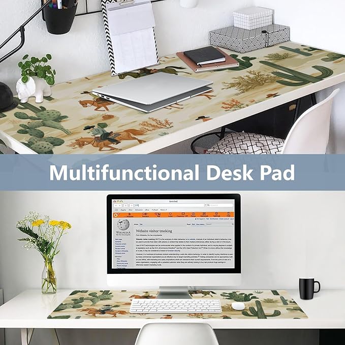 Mouse Pad Desk Mat Leather Desk Pad Large Gaming Desk Cover Protector Mat for Keyboard Computer Laptop Office Waterproof 47.2 x 23.6 Inch Cute Cacti Desert Cowboys Horses