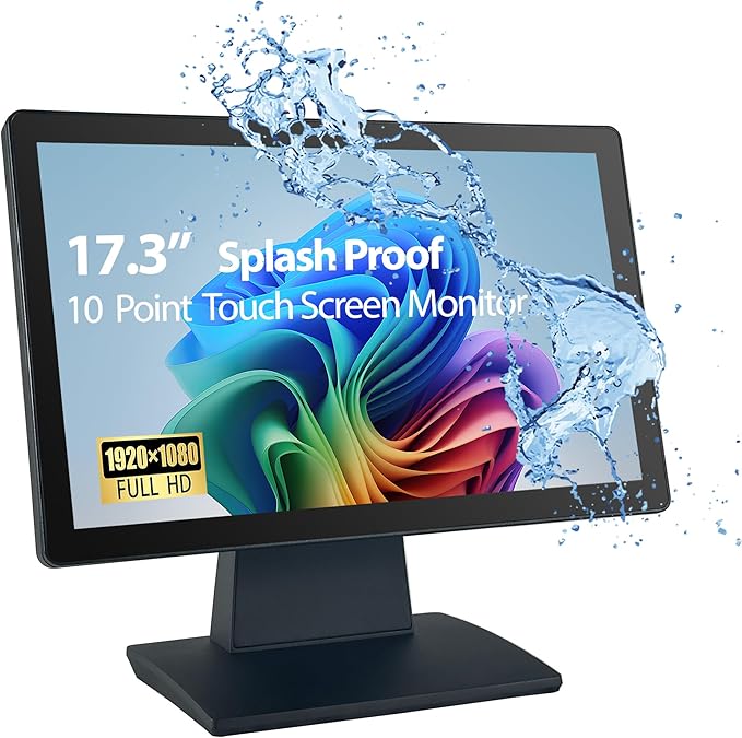 ANGEL POS Commercial Grade 17.3 Inch 1920 x 1080 FHD Touchscreen POS Monitor 10 Points Touch HDMI VGA Waterproof Dustproof Screen Indusitrial Office Retail Gym Warehouse