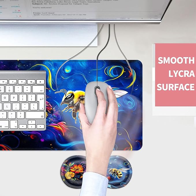 Mouse PadLarge Desk Mat Set 4in1 XL Mousepad + Keyboard Wrist Rest+Mouse Wrist Rest+Coaster with Ergonomic Desk Pad for Home Office Table Computer Cover -Bee and Vibrant Flowers