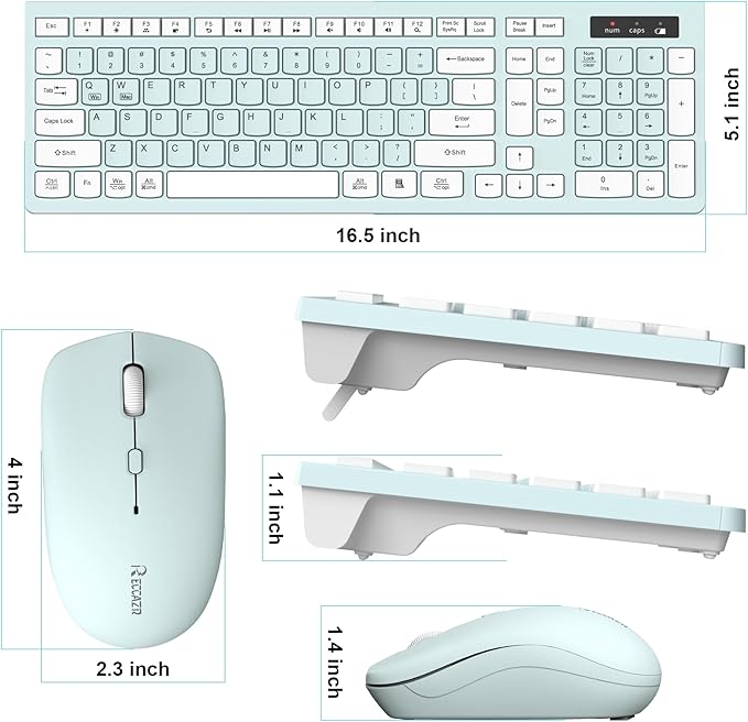 Wireless Keyboard and Mouse Combo Full-Sized Wireless Keyboard and Adjustable DPI Mouse 2.4GHz USB Receiver Keyboard and Mouse for PC Windows Desktop Laptop (Mint Green and White)