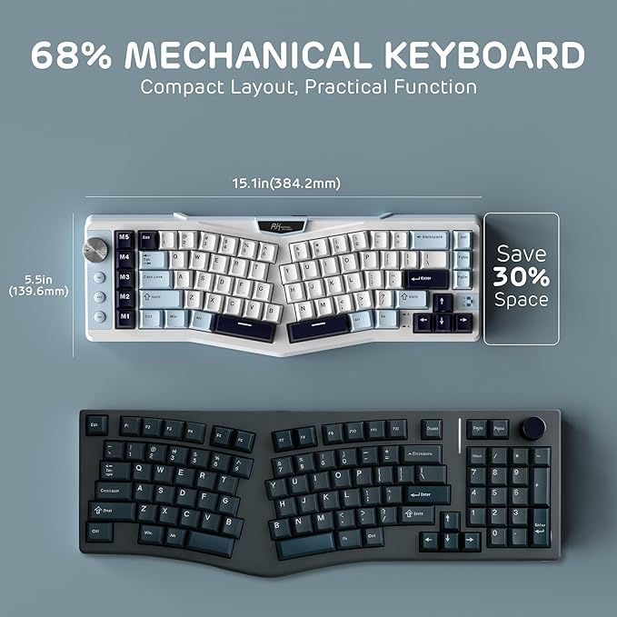 RK ROYAL KLUDGE A72 Alice Ergonomic Wireless Mechanical Keyboard w/Knob/Macro Keys/Touchable Nameplate Tri-Mode 68% 72-Key Gasket Keyboard BT/2.4G/USB-C Hot Swap Win/Mac Software 7500mAh Battery