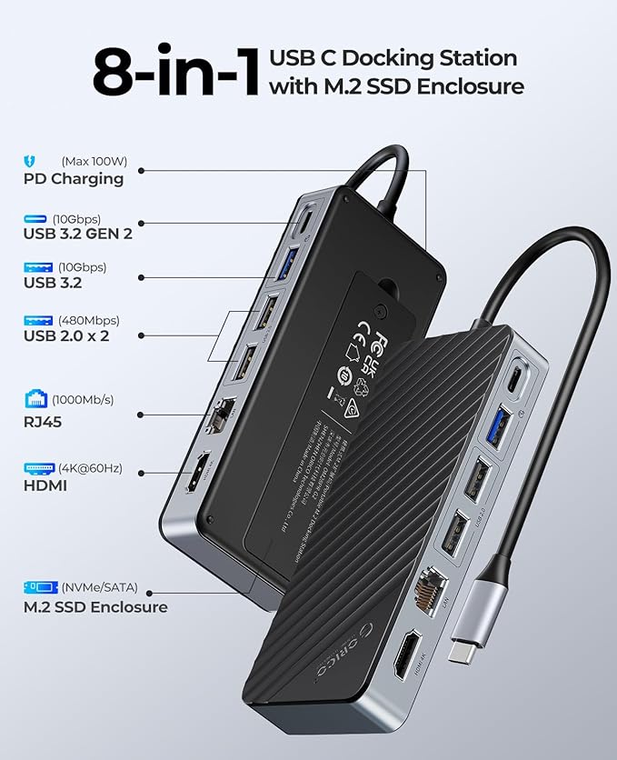 ORICO USB-C Hub with M.2 SSD Enclosure 8-in-1 USB C Docking Station Fits M.2 NVMe/SATA SSD 10Gbps 4K@60Hz HDMI 100W PD Ethernet - OM28PR
