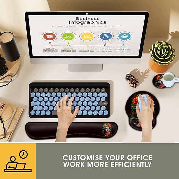 Ergonomic Gaming Mouse Pad Wrist Support and Memory Foam Keyboard Wrist Rest with Anti-Slip Base for Home Office Computer Desk Pad Gel White Mouse Pad Easy Typing Cute Painted Elephants Desk Mat