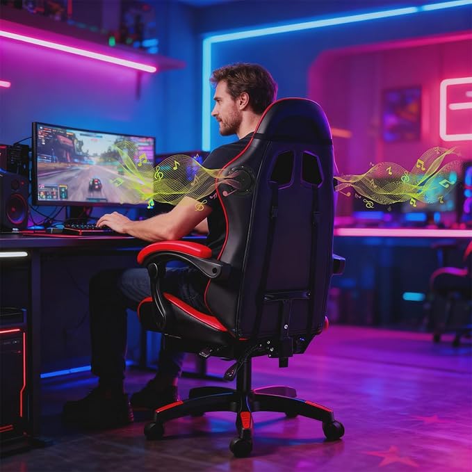 Gaming Chair Video Game Chair with LED Light Ergonomic Massage Computer Chairs Height Adjustable with 360° Swivel Seat and Headrest(US Fast Arrival) Black &amp Red