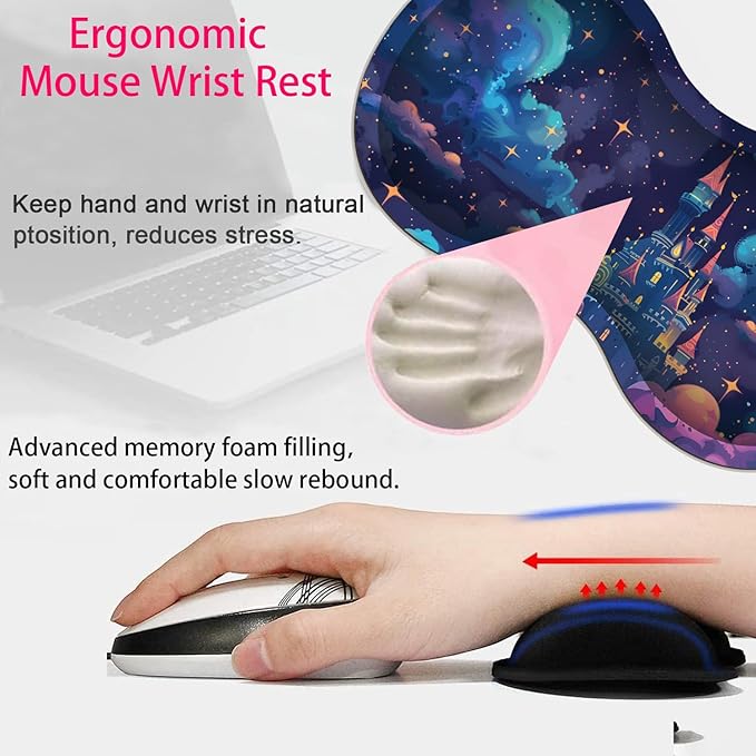Large Gaming Mouse Pad + Mouse Wrist Rest Pad + Coaster Combination 31.5 x 11.8 Durable Non-Slip Extension Table Mat Suitable for Office and Home Astral Cloud Castle