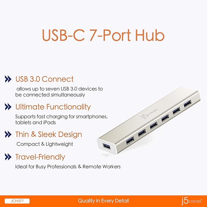 j5create USB Type-C to 7-Port USB 3.0 Data Hub with 3 ft Extended Cale [20W Power Adapter Included] for Mac MacBook Windows Laptop Surface XPS Chromebook PC (JCH377)