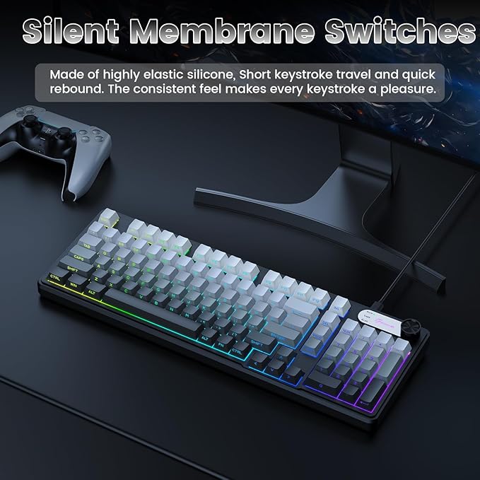G98 Gaming Keyboard 99 Keys Silent Wired Keyboard with Number Pad &amp Knob RGB Backlit Side Printed PBT Keycaps Anti-ghosting Water Repellent Computer Keyboards for PC Mac Laptop Gamer