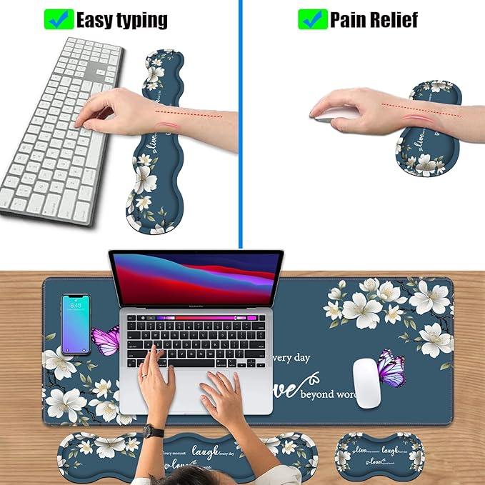 4 in 1 Ergonomic Keyboard Wrist Rest &amp Mouse Pad Wrist Rest Set Large XXL Gaming Desk Mat 31.5x 11.8 with Non-Slip Base Memory Foam for Home Office Study Gaming Floral Quote Live Laugh Love