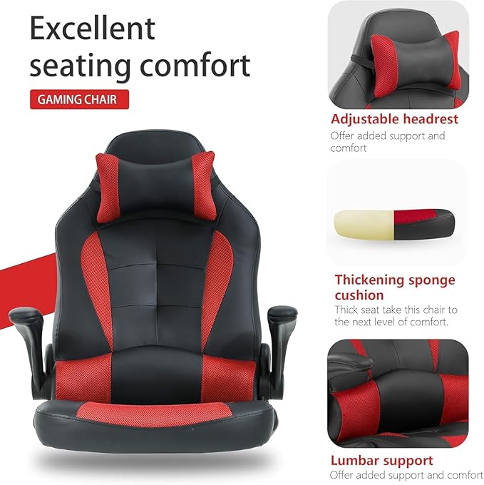 Gaming Chair PU Leather Computer Chairs Desk Chair w/Adjustable Headrest and Armrest PC Gaming Chair High Back Ergonomic Chairs Racing Game ChairRed