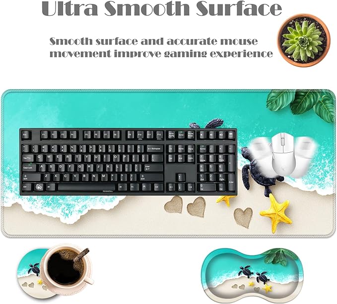 Ergonomic Keyboard Wrist Rest &amp Mouse Pad Wrist Rest SetXL Gaming Desk Mat 31.5x 11.8Non-Slip BaseMemory FoamEasy Typing Pain Relief for Office &amp HomeSea Turtles on Beach