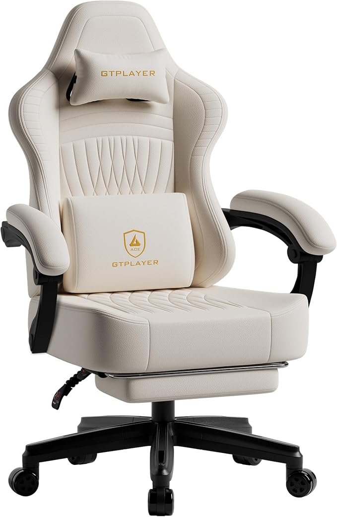 GTPLAYER Gaming Chair for Adults Ergonomic Video Game Chairs Footrest &amp Linkage Armrest Reclining High Back Silla Gamer with Wider Seat for Home Office Ace Pro Cream