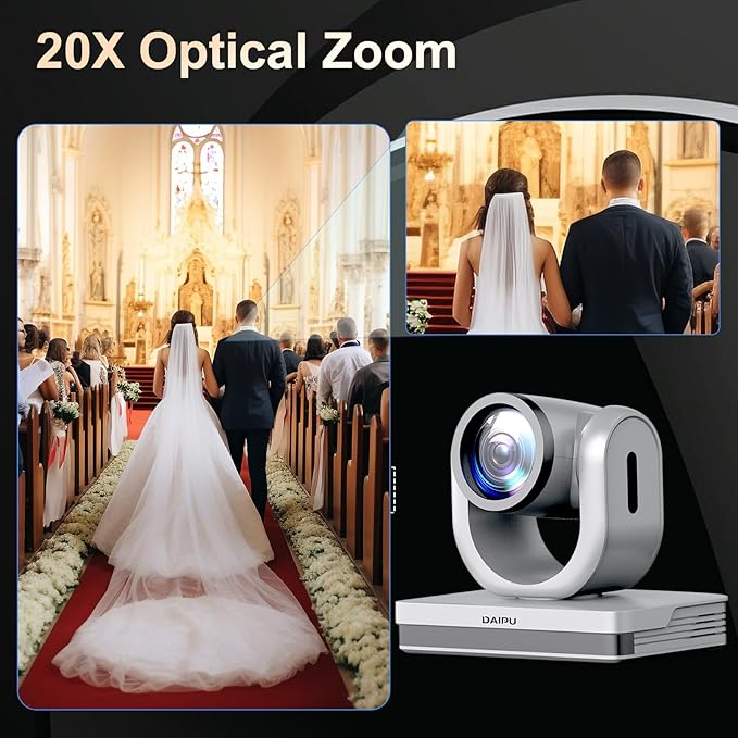 PTZ Camera 20X Optical Zoom 60fps HDMI USB SDI LAN PoE AI Auto Tracking PTZ Conference Camera for Church Live Streaming Video Conference Event Education Broadcast with Youtube Facebook Live Zoom