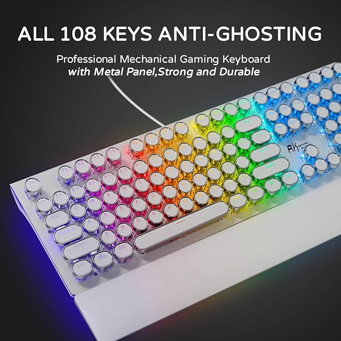 RK ROYAL KLUDGE S108 Typewriter Mechanical Keyboard Full RGB Gaming Keyboard Wired PC Game Keyboards with Detachable Wrist Rest and Number Pad Retro Round Keycaps Brown Switch White