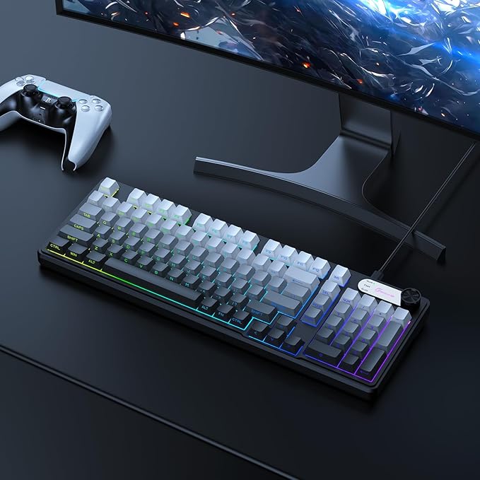 G98 Gaming Keyboard 99 Keys Silent Wired Keyboard with Number Pad &amp Knob RGB Backlit Side Printed PBT Keycaps Anti-ghosting Water Repellent Computer Keyboards for PC Mac Laptop Gamer