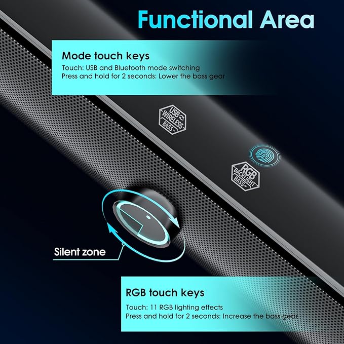Computer Speakers for Desktop PCComputer Sound bar2600mAh PC SoundbarBass BoostHiFi Stereo Bluetooth Desktop Speakers with Touch Buttons for LaptopsPhoneGreat for GamersFamilies