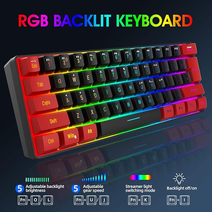 Snpurdiri 60% Wired Gaming Keyboard Ultra-Compact RGB Backlit Small Gaming Keyboard for PC Computer Gamer (Red and Black)