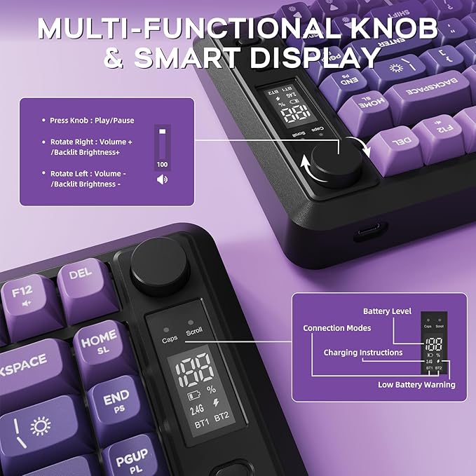 M75 Wireless Gaming Keyboard Mechanical Feel Membrane with Knob &amp OLED Display Bluetooth/2.4Ghz Rainbow Backlit Gradient PBT Keycaps 2000mAH Battery Anti-Ghosting-Purple