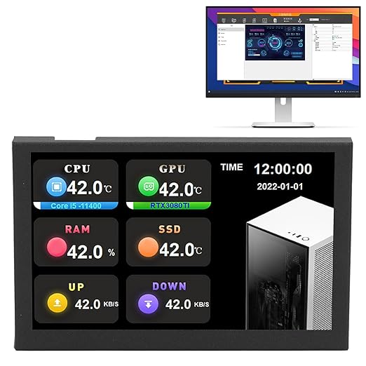 Hilitand 5 Inch USB Mini Screen Type C Sub Screen Computer Temperature Monitor with 800x480 Resolution PC Data Monitor for aida64 (Black)