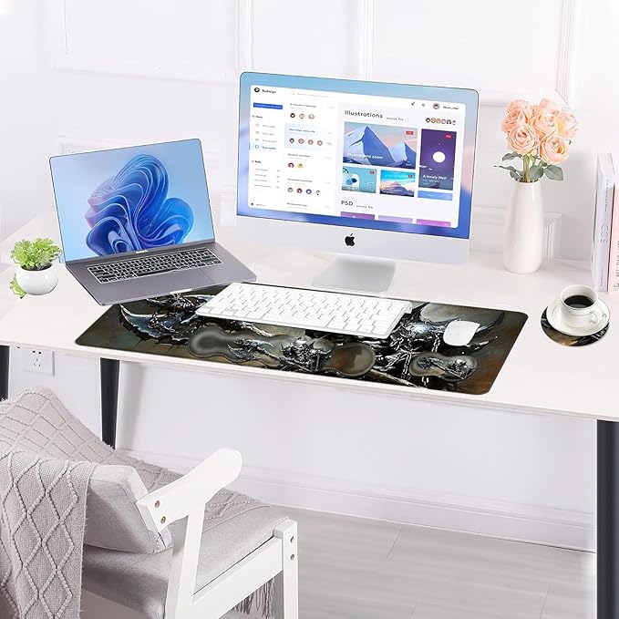 Large Keyboard Mouse Pad Set Extended Mouse Pad+Keyboard Wrist Rest Support Memory Foam Ergonomic Easy Typing 4Pcs (31.5×11.8 in) Desk Pad Set for Office HomeFunny Skeleton