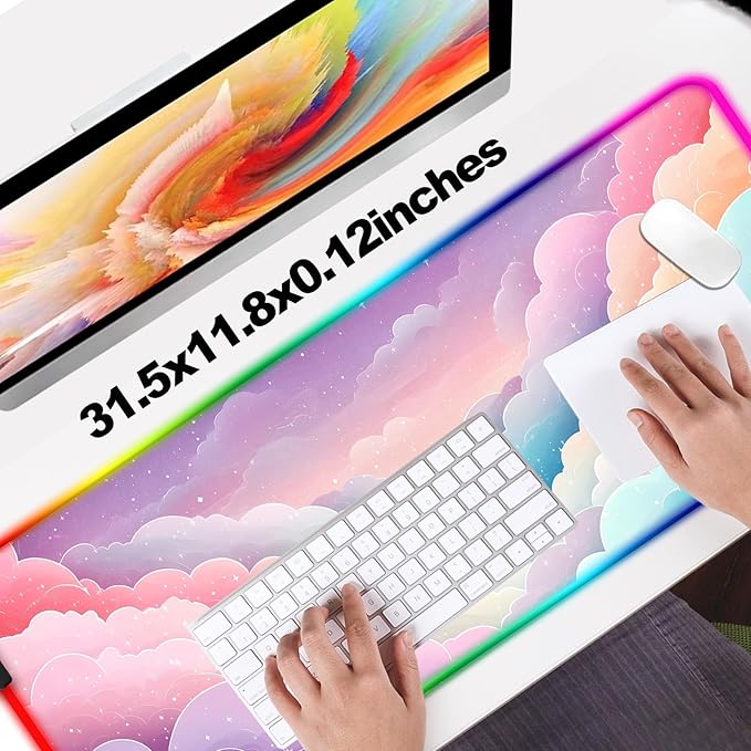 RGB Dreamy Colorful Cloud and Star Gaming Desk Mat Computer Keyboard Large Extended Long Girly LED Mouse Pad for Office and Home XL (W08)