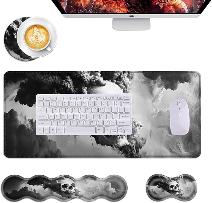 Mouse PadLarge Desk Mat Set 4in1 XL Mousepad + Keyboard Wrist Rest+Mouse Wrist Rest+Coaster with Ergonomic Desk Pad for Home Office Table Computer Cover -Smoky Skull Art