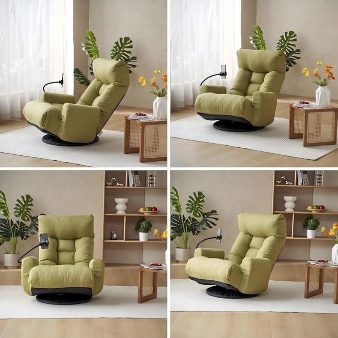 Gaming Lounge Chair Floor 360° Swivel Gaming Floor Chair Adjustable Phone Holder 5-Position w/Arms Foldable for Adults Living Room Dorm Rotatable Leisure Sofa Premium (Green)