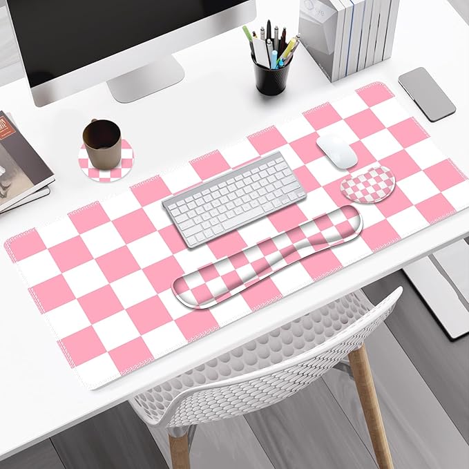 Pastel Pink White Checker Mouse Pad Set 4 in1 Ergonomics Keyboard Desk Mat with Memory Foam Wrist Rest Extended Game Mousepad Non-Slip Large Gaming Desk Pad Matt Easy Typing Pain Relief