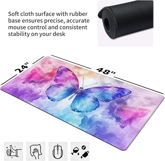 Extra Large Butterfly Mouse Pad 48x24 Inch – 3XL Huge Waterproof Desk Mat with Non-Slip Rubber Base &amp Stitched Edges Full Coverage Mousepad Keyboard Mat for Work Game Office(Purple XXXXL)