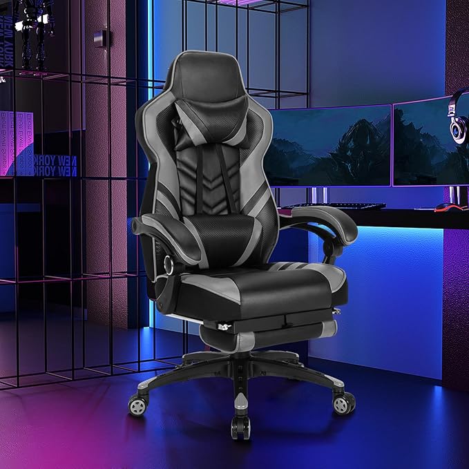Goplus Gaming Chair Computer Chair with Footrest and Lumbar Support Height Adjustable Executive Swivel Rolling Task Chair with 90°-155° Tilt Function (Grey)