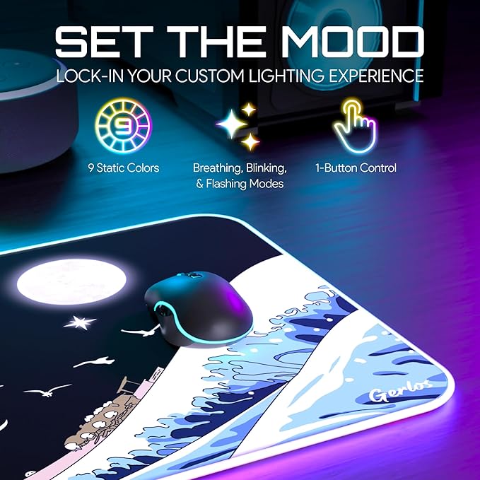 Gerlos RGB Large Gaming Mouse Pad Extended Soft LED Mouse Pad Non-Slip Rubber Base Water Resist Keyboard Pad Computer Mousepad 31.5×11.8 inches