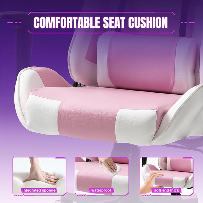 DIKEP Gaming Chair Recliner Gaming Chair with Footrest and Lumbar Support PU Leather Computer Desk Chair Height Adjustable with 360° Swivel Seat and Headrest for Adults - Pink &amp White