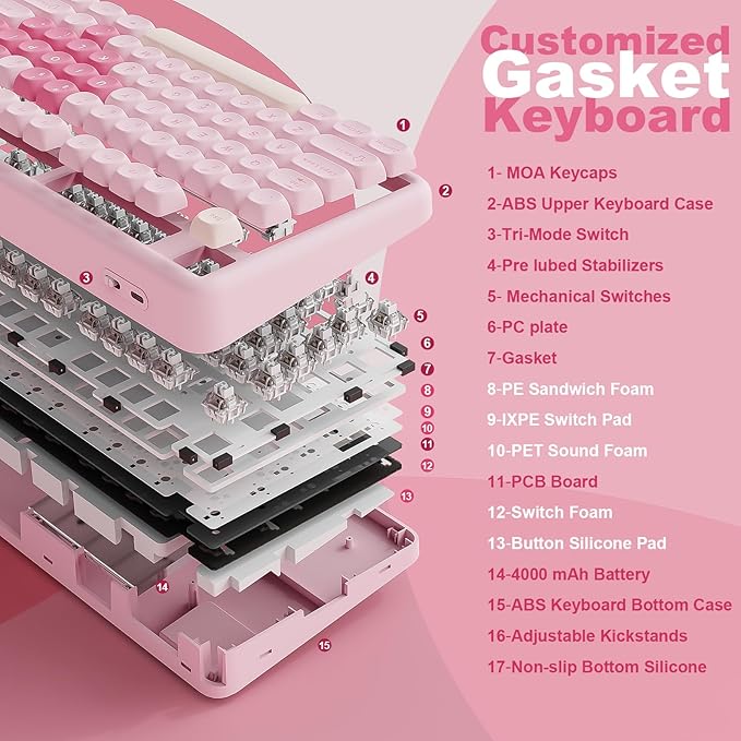 YUNZII B87 Wireless Mechanical KeyboardQMK/VIA ProgrammableTKL Layout 87 KeysBT/2.4G/USB-CHot Swap Gasket Mount RGB Backlit Gaming with Wrist Rest for Win/Mac (Pink Milk V2)